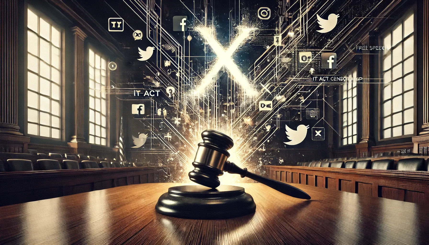 A realistic yet abstract digital painting representing a legal battle over IT Act censorship involving X (formerly Twitter).